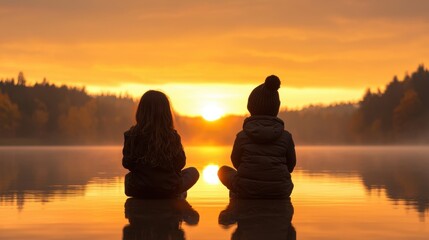 Two children are sitting on the edge of a lake, watching the sun set