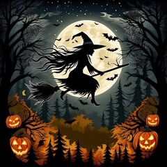 Halloween Witch in Front of Full Moon AI generated