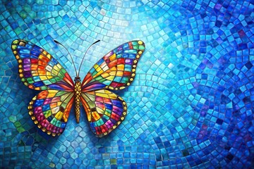 Colorful mosaic butterfly on blue abstract background made with tilted angle