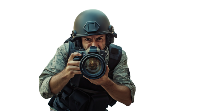 War journalist with a camera and military uniform.