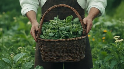 A farmer holds a basket full of freshly picked greens in a garden.