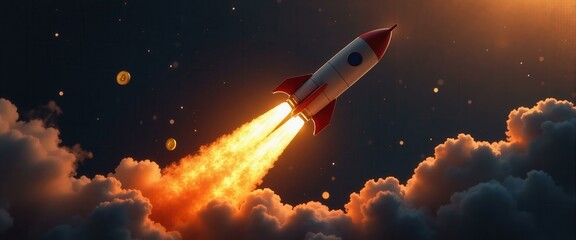 Bitcoin Rocket Launching Through the Clouds, Concept of Cryptocurrency Success and Growth.