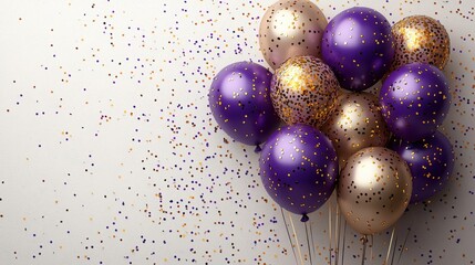 A collection of colorful balloons in purple and gold, adorned with confetti. Perfect for festive celebrations and events.