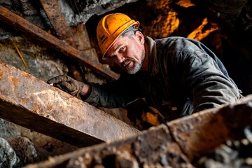 A miner skillfully navigates the depths of a dimly lit underground tunnel. Generative AI