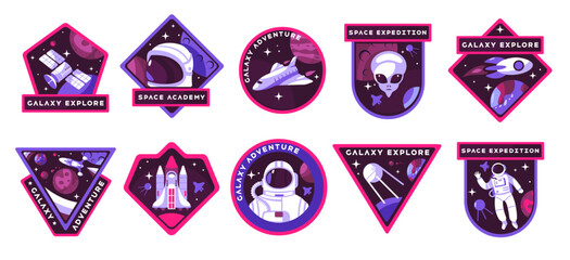 Space badge. Astronaut helmet with rocket and ufo, cartoon symbols of space exploration and travel, badge logo vector set © Tartila