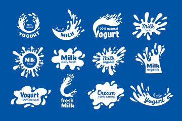 Milk splash labels. Cartoon badges with white liquid drops for dairy product branding design, stickers with cream splatter for packaging. Vector set