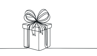 Christmas Present box with ribbon and bow. Continuous one line vector illustration. Wrapped surprise package