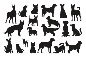 Dogs silhouettes. Black doggy shapes different breeds, cute domestic animals standing walking sitting. Vector puppy collection