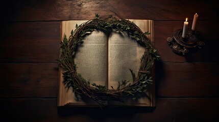 Top view of handmade Christmas wreath placed on rare open Bible