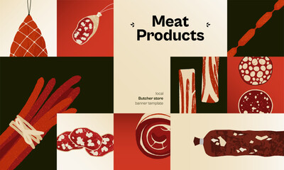 Sausages meat banner. Abstract poster of pork beef salami snack, gourmet food for restaurant menu design, delicious organic products. Vector illustration