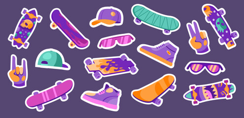 Skateboard badges. Street sport labels with skull and skateboarder silhouette, summer lifestyle and skating concept. Vector isolated set