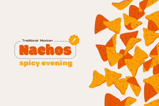 Nachos banner. Cartoon framing with corn chips snack, mexican food poster with crispy fast appetizer flat style. Vector illustration