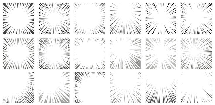 Manga radial frame. Anime circle borders with different concentrated line decorations. Speed and impact starburst vector illustration set