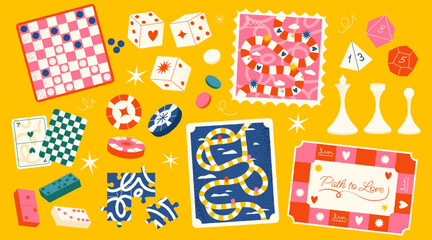 Fototapeta premium Cartoon board games. Family fun table strategy and competition games with dice and map, various family and party recreation. Vector isolated set