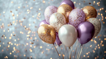 A festive display of colorful balloons in shades of purple and gold with confetti in the background. Perfect for a celebration or party setting.