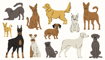 Dog breeds. Cute cartoon puppies, funny flat canines different breeds and colors, adorable pet companionship concept. Vector isolated set