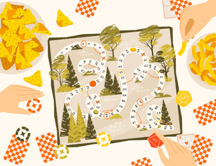 Playing board game top view. Cartoon characters playing strategy board game on table, friends family spending time together. Vector illustration © Tartila