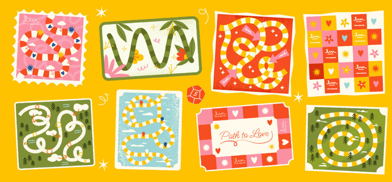 Step by step board game. Maze race puzzle with path and arrow, blank strategy boardgame template for children. Vector maze board game