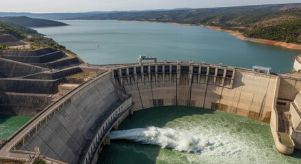 Obraz premium Majestic hydroelectric dam releasing water scenic backdrop