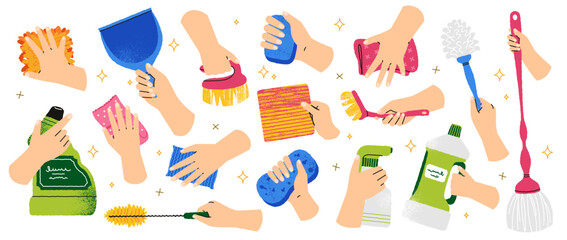 Hands holding cleaning tools. Cartoon woman housekeeper with brushes duster mop bucket gloves, vector housework equipment set