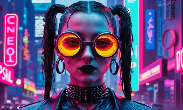 Urban fashion shoot featuring a model in neon-lit streets with vibrant colors and striking accessories at night