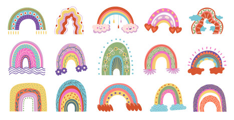 Cute colorful rainbows. Cartoon magic sky with clouds and stars, childish fantasy weather forecast decorative elements. Vector isolated set