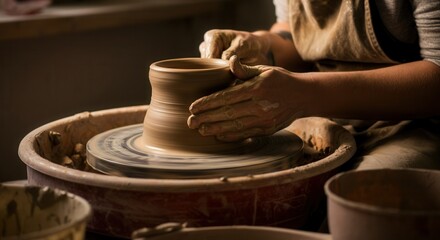 Potter shaping clay on wheel in pottery workshop