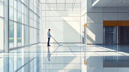 Modern Office Cleaning: A Man Mopping Gleaming Floors
