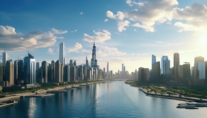 Fototapeta premium Sunlit City Skyline on the River - AI generated