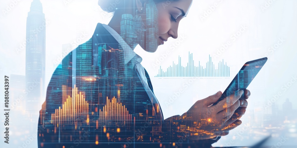 Poster the modern businesswoman excels in using cuttingedge technology in a dynamic urban setting, showcasi