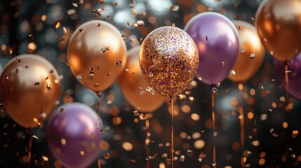 A vibrant display of golden and purple balloons surrounded by confetti, creating a festive atmosphere, perfect for celebrations.