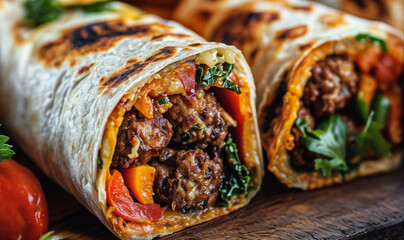 close up fresh kofta skewer wrap, juicy turkish dish with meat