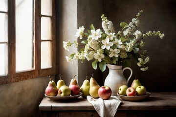 Fruits and Flowers on a Table, AI generated © Ardezart