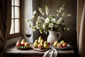 Fruits and Flowers on a Table, AI generated © Ardezart