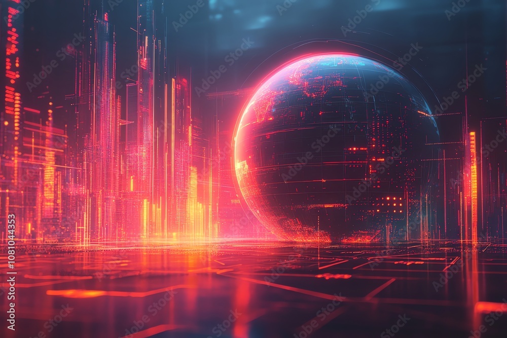 Poster a futuristic cityscape with a glowing orb in the background.