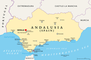 Andalusia, a region in Spain, with capital Seville, political map. Southernmost autonomous community in Peninsular Spain, located in the south of the Iberian Peninsula, in southwestern Europe. Vector.