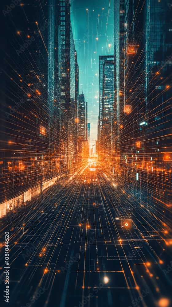 Poster a futuristic cityscape with glowing lines and a digital network connecting the buildings, symbolizin