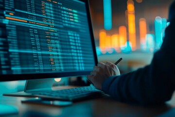 Fototapeta premium Analyzing financial data on a sleek desktop in a modern office setting. Generative AI