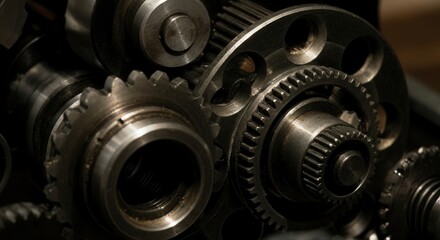 Close-up detail of interlocking metal gears machinery components