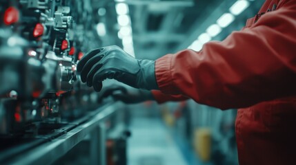 A close-up of a hand in a black glove expertly adjusting knobs on complex machinery, reflecting control, expertise, and technological finesse in a factory.
