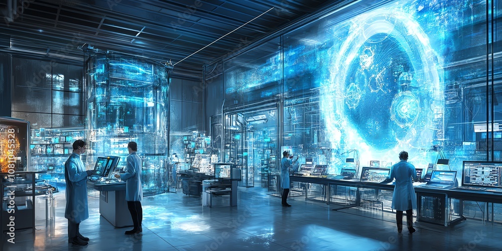 Aufkleber a futuristic laboratory with scientists working on advanced technology, a large glowing orb in the b