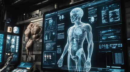A futuristic medical room with a digital human body displayed on a large screen.