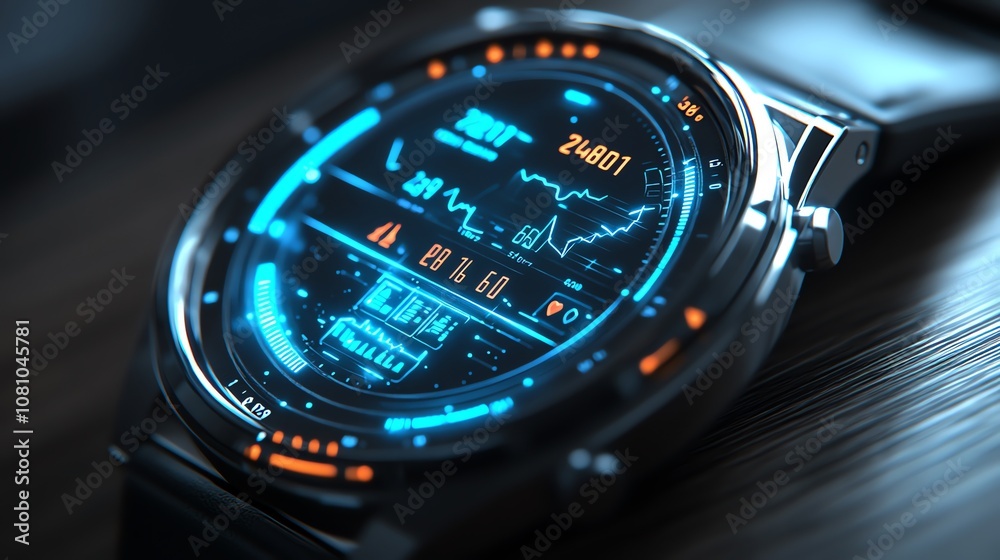 Fototapete A futuristic smartwatch with a glowing blue digital display showing various data points.