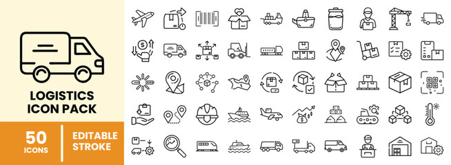 Fototapeta premium 50 Editable Logistics Icons for Supply Chain and Delivery