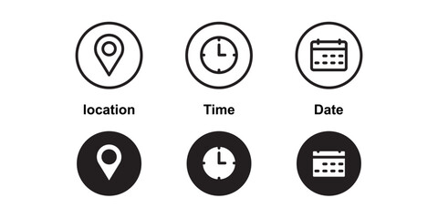 Location, date and time line icons