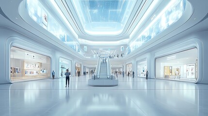 A futuristic shopping mall interior with an escalator in the center. The mall is spacious and modern, with large windows and a high ceiling. People are walking around and shopping.
