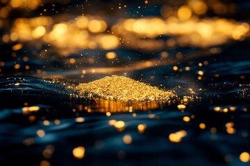 Obraz premium Golden particles shimmering on water at twilight create a mesmerizing effect. Generative AI