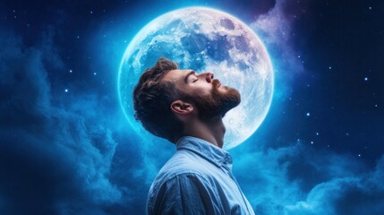 man stands still, eyes closed, in awe as he looks up at a luminous full moon illuminating the dark sky. Soft clouds drift around him, adding to the tranquil atmosphere