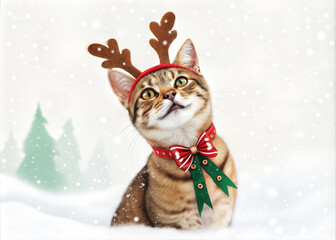 A festive cat wearing reindeer antlers in a snowy winter landscape.