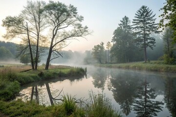 Obraz premium misty morning with a small pond reflecting the surrounding trees, leaves, water's edge, dew